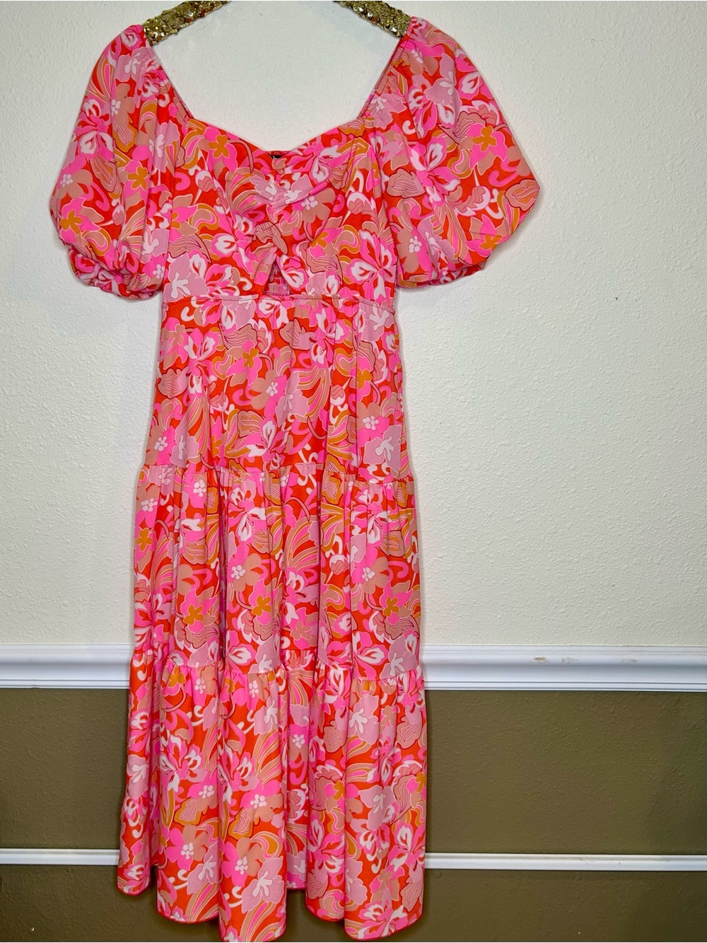 BTFBM Boho Summer Pink & Orange Floral Puff-Sleeve Maxi Dress S
